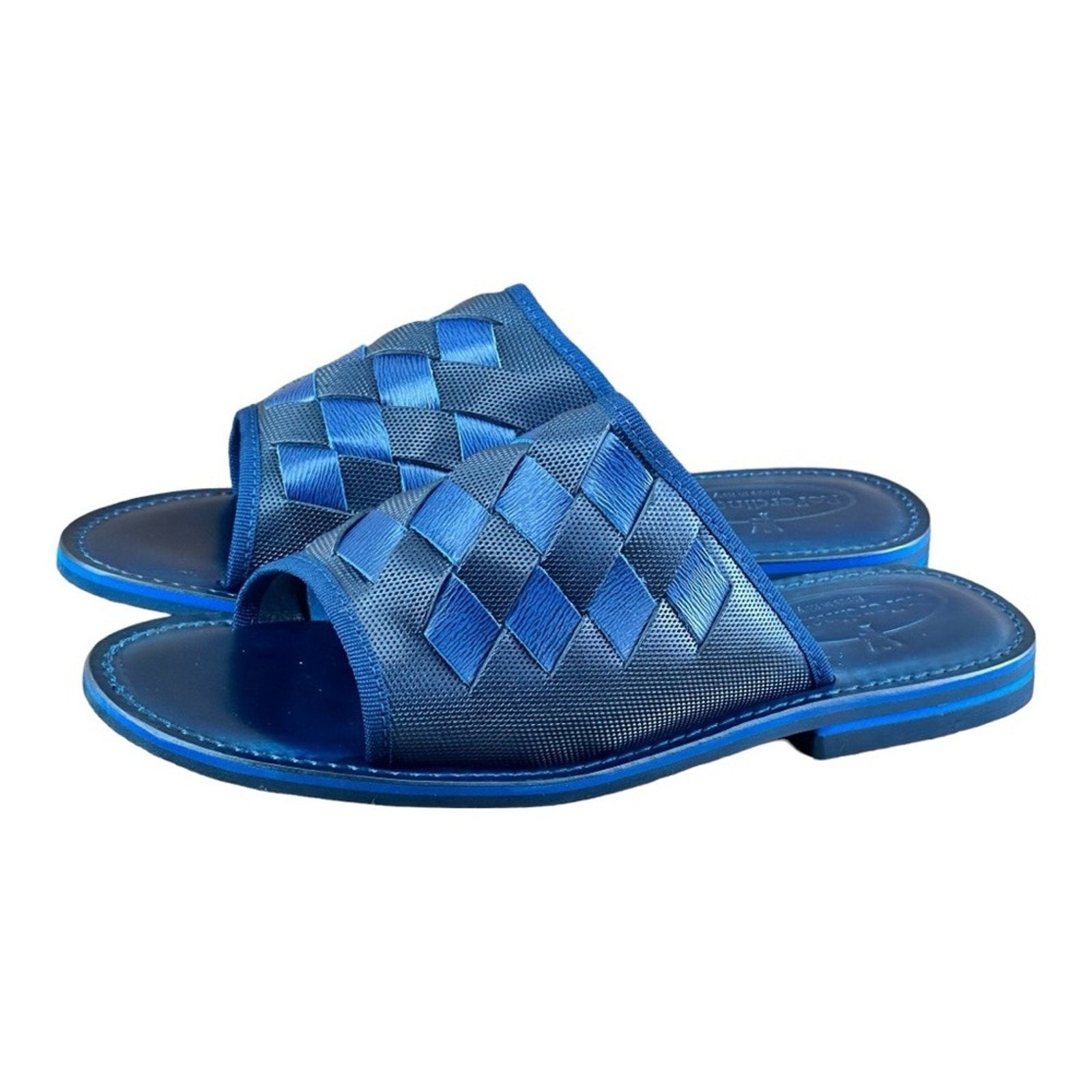 ReFerdinando Vero Cuoio Men’s Blue Woven Leather Slides sandal shoes - Azini