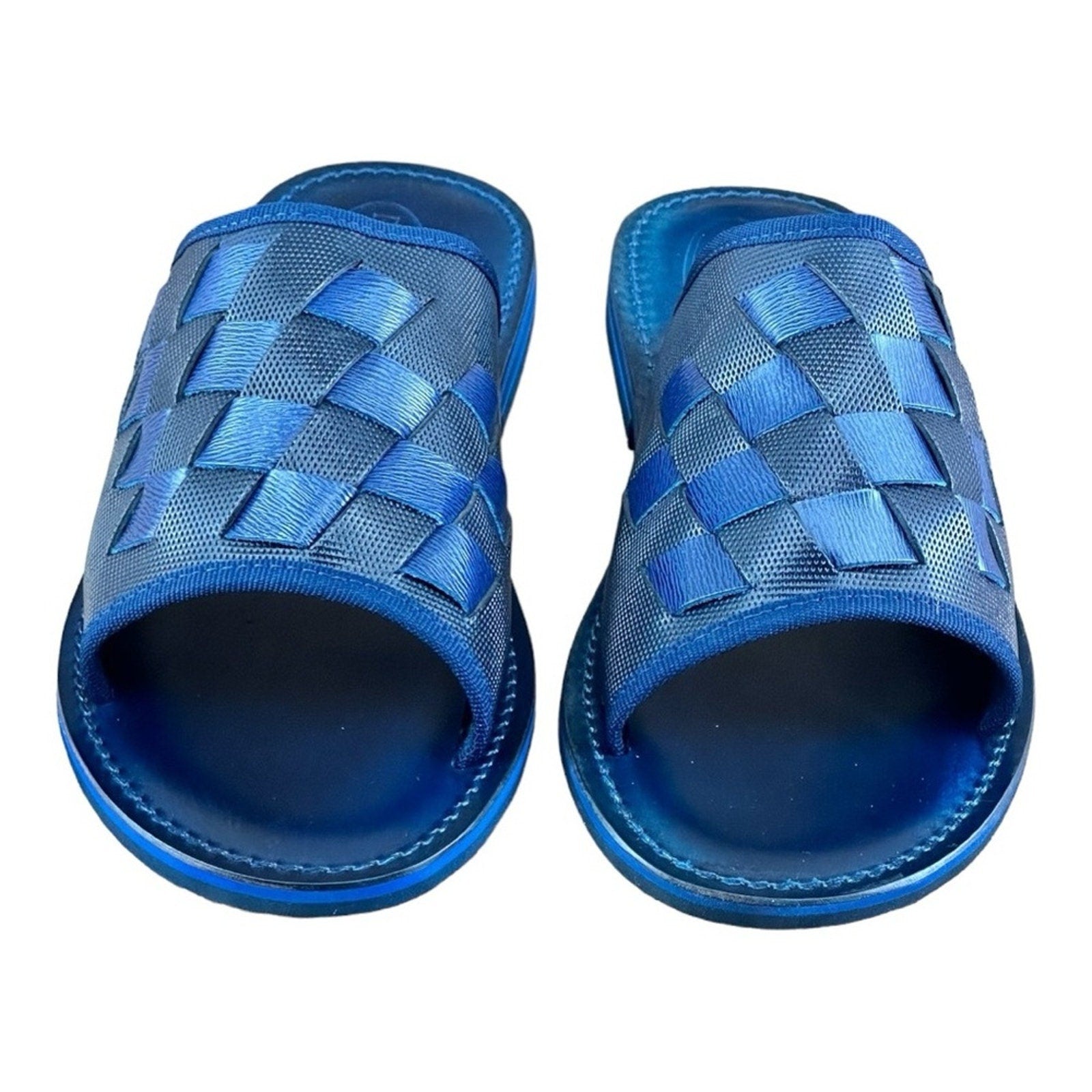 ReFerdinando Vero Cuoio Men’s Blue Woven Leather Slides sandal shoes - Azini